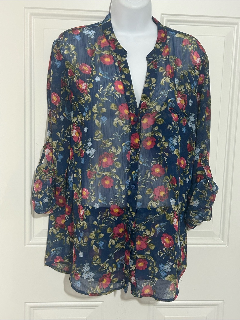 Kut from the Kloth Navy Sheer Floral Button-Up Blouse with Red and Green Print